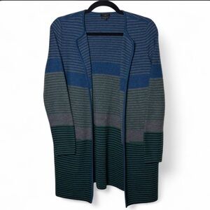 Talbots Petite XS Merino Wool Duster Cardigan Blue Green Striped